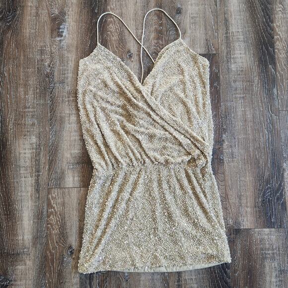 Retrofete Mini Sequin Dress Faux Wrap Sleeveless Tan/Brown Size Medium - Picture 1 of 9